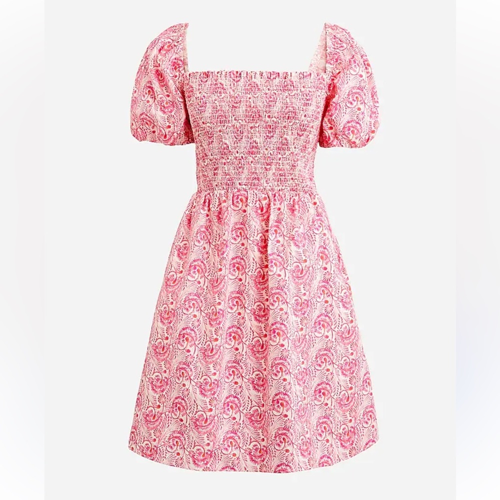 J Crew Puff Sleeve Smocked Mini Dress in Dandelion Swirl Antique White Pink